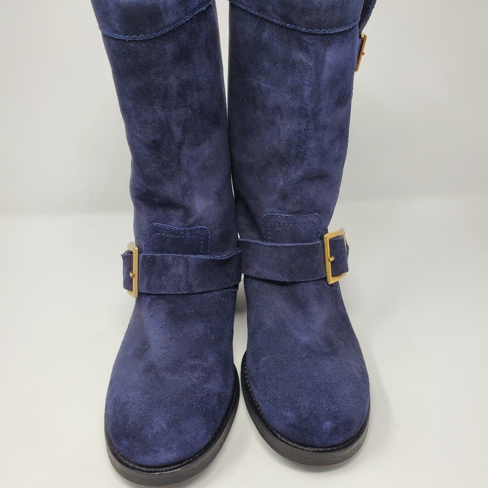 Jimmy Choo Navy Suede Moto Boots - Picture 2 of 9